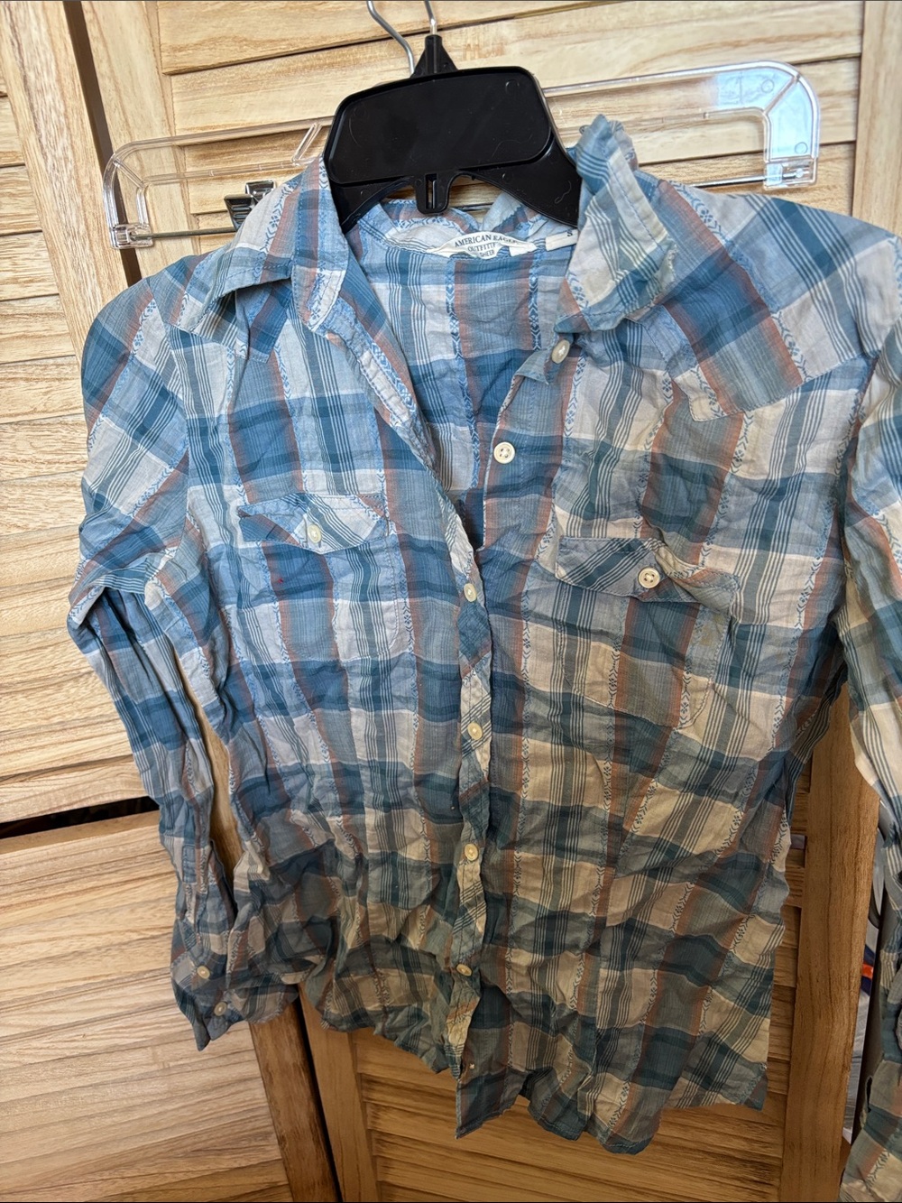 American Eagle Outfitters Blue and Brown Plaid Button-Down Shirt Small